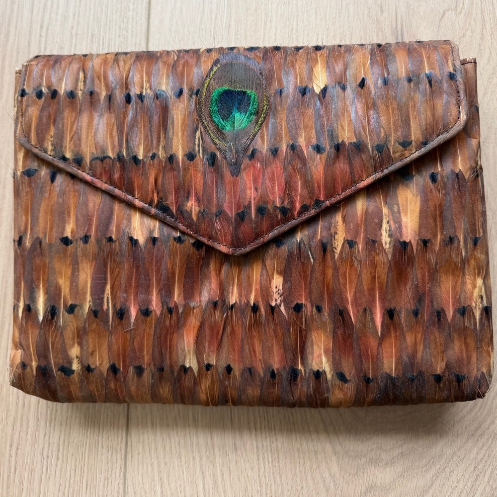 Peacock Feather Detail Brown Feather Envelope Clutch